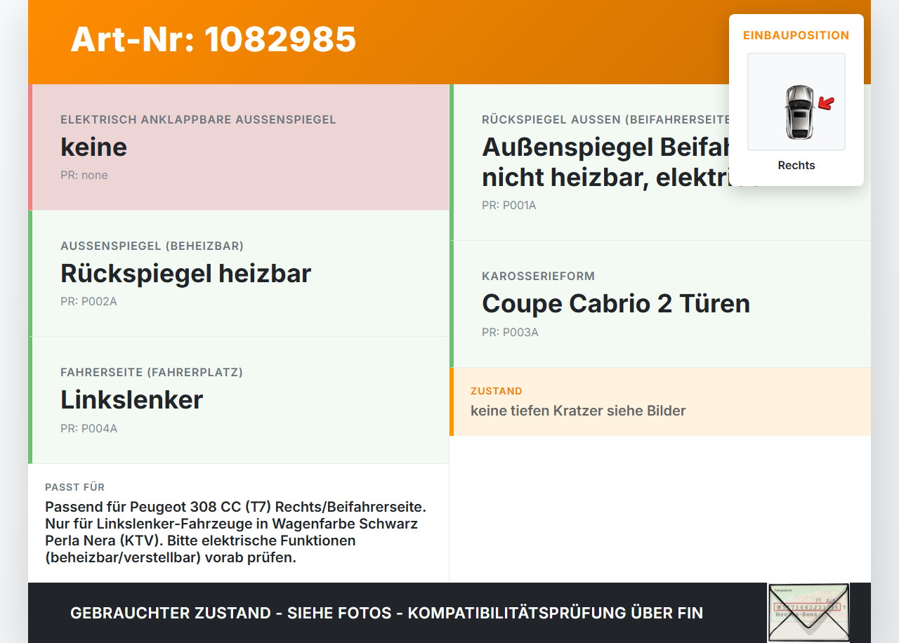 Peugeot 308 CC 07-11 Aussenspiegel Seitenspiegel Spiegel elektrisch Rechts KTV Peugeot 308 CC 07-11 26.01.2011... Vorschau 3