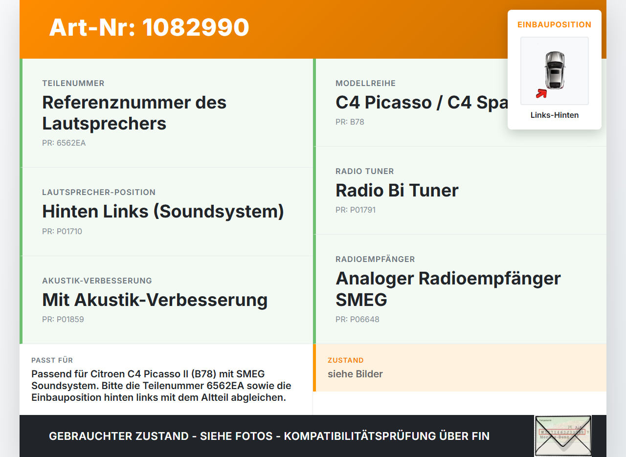 Citroen C4 Picasso II 13-16 Lautsprecher Box Türlautsprecher Soundsystem Speaker Links Hinten Citroen C4 Picasso II... Vorschau 3
