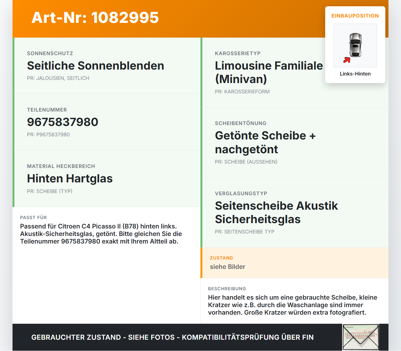 Citroen C4 Picasso II 13-16 Seitenscheibe Türscheibe Scheibe Fenster Links Hinten Citroen C4 Picasso II 13-16... Vorschau 3