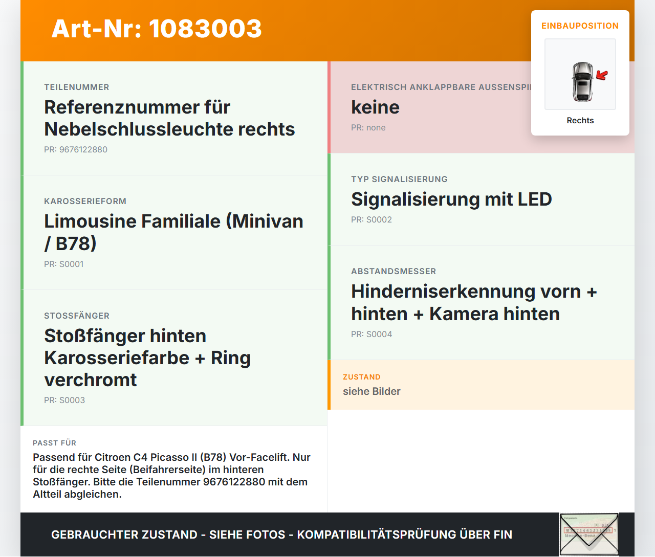 Citroen C4 Picasso II 13-16 Nebelschlussleuchte Heckleuchte Rechts Citroen C4 Picasso II 13-16 24.09.2013... Vorschau 3