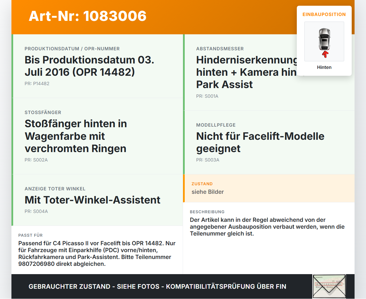 Citroen C4 Picasso II 13-16 PDC Kabelbaum Leitungssatz Hinten Citroen C4 Picasso II 13-16 24.09.2013 9807206980... Vorschau 3