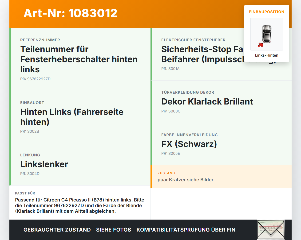Citroen C4 Picasso II 13-16 Fensterheberschalter Schalter Links Hinten Citroen C4 Picasso II 13-16 24.09.2013... Vorschau 3