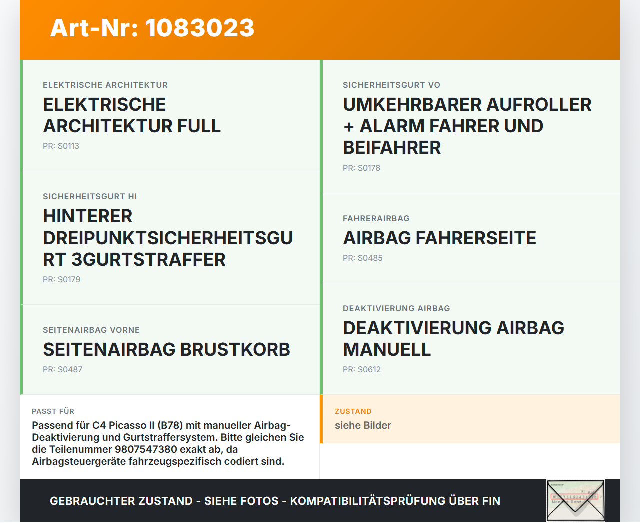 Citroen C4 Picasso II 13-16 Airbag Steuergerät Airbagsteuergerät Citroen C4 Picasso II 13-16 24.09.2013 9807547380... Vorschau 3