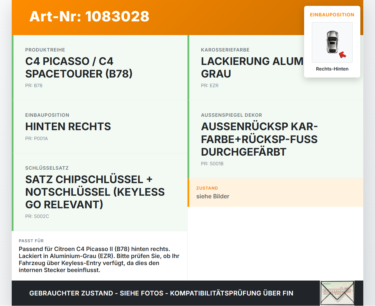 Citroen C4 Picasso II 13-16 Türgriff Griff aussen Rechts Hinten EZR Citroen C4 Picasso II 13-16 24.09.2013... Vorschau 3
