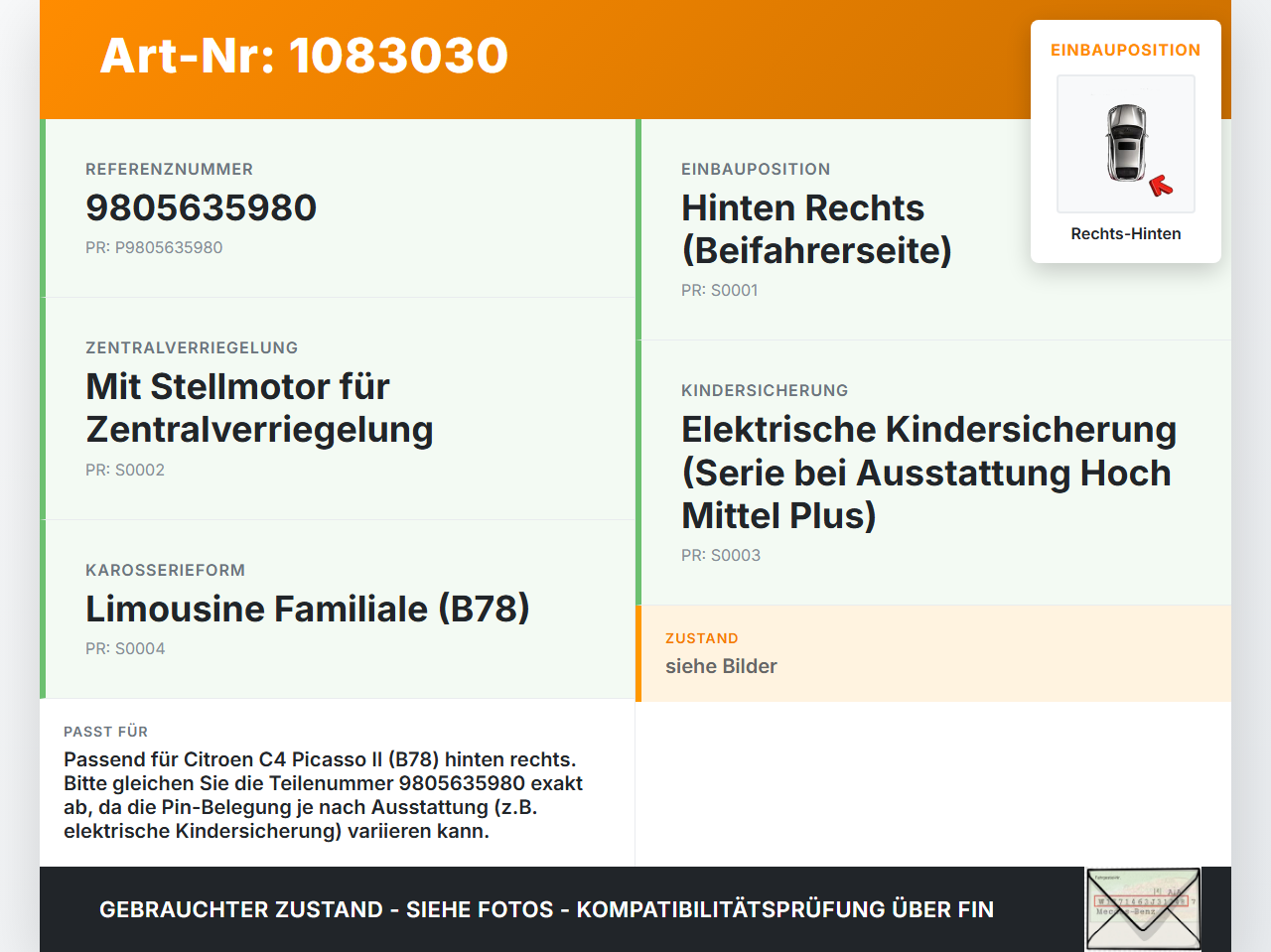 Citroen C4 Picasso II 13-16 Türschloss m. ZV Stellmotor Rechts Hinten Citroen C4 Picasso II 13-16 24.09.2013... Vorschau 3