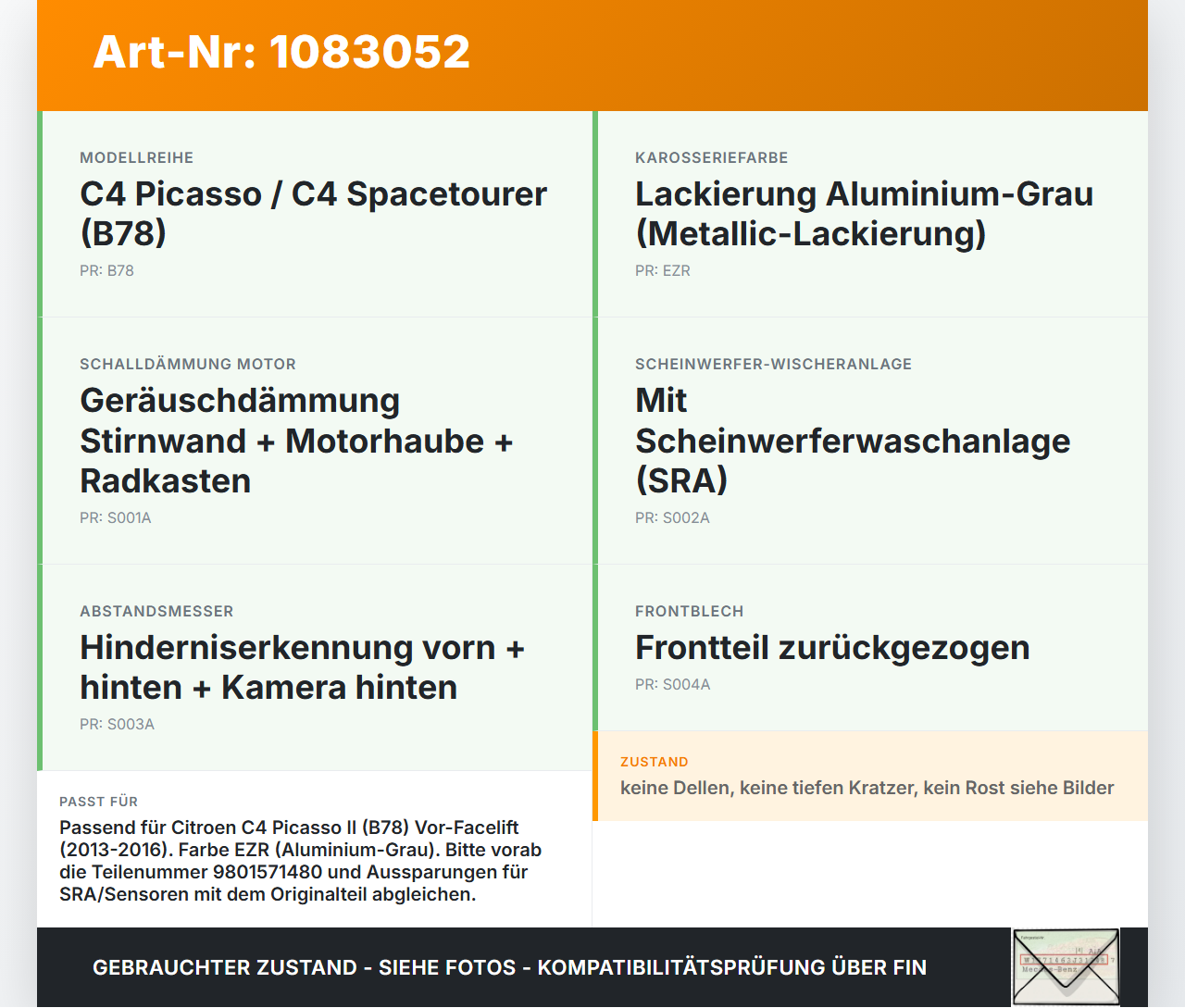 Citroen C4 Picasso II 13-16 Motorhaube Frontklappe Haube EZR Citroen C4 Picasso II 13-16 24.09.2013 9801571480 gebraucht Vorschau 3