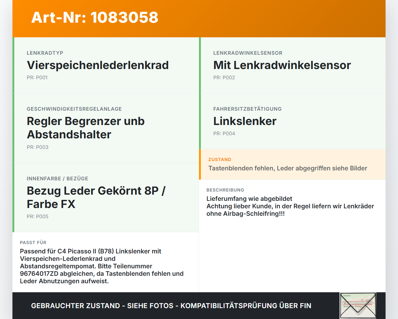 Citroen C4 Picasso II 13-16 Lenkrad Airbaglenkrad Citroen C4 Picasso II 13-16 24.09.2013 96764017ZD gebraucht Vorschau 3