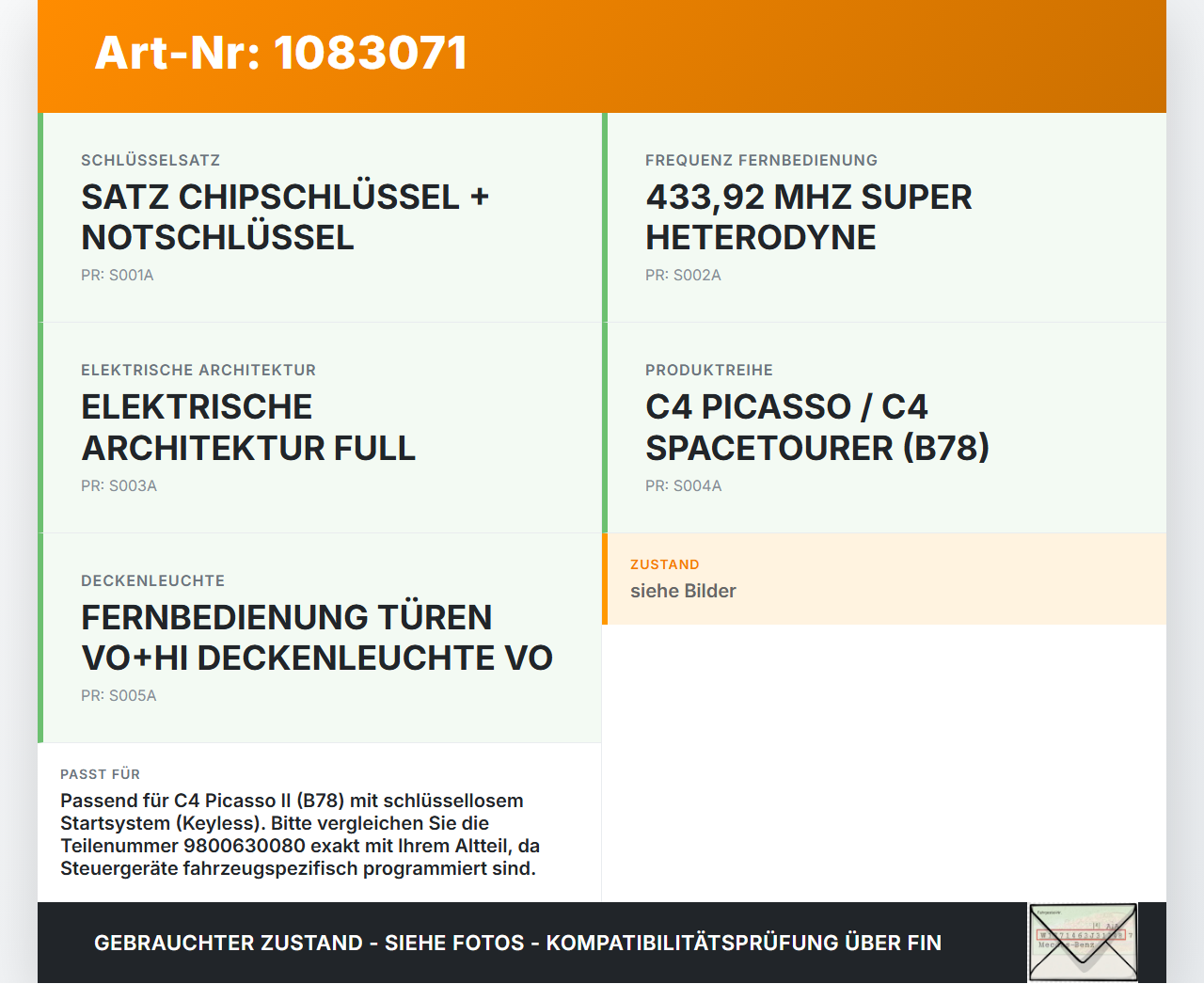 Citroen C4 Picasso II 13-16 Steuergerät ECU Modul Zündschloss SG Citroen C4 Picasso II 13-16 24.09.2013 9800630080... Vorschau 3