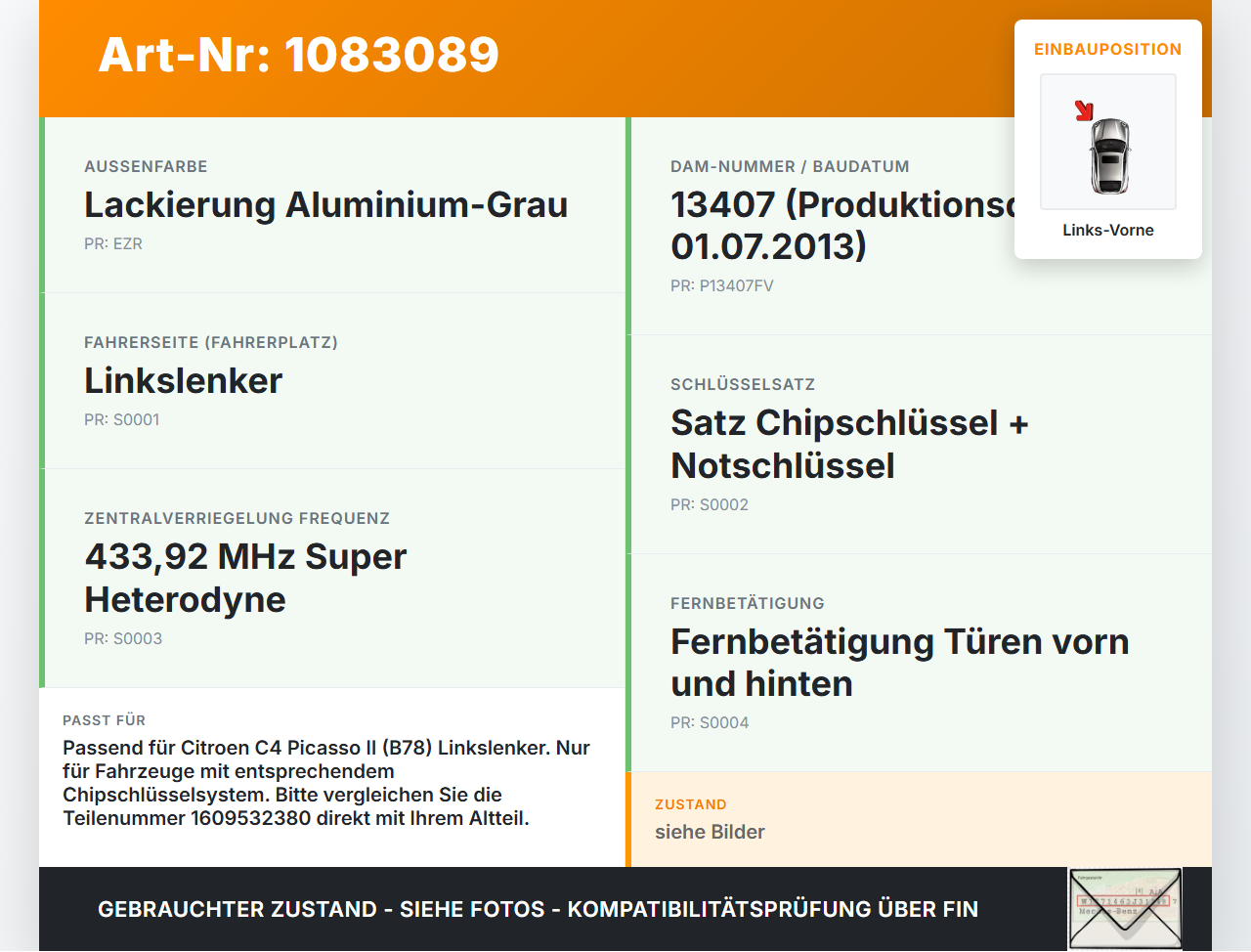 Citroen C4 Picasso II 13-16 Türschloss Schließzylinder für Tür Links Vorne Citroen C4 Picasso II 13-16 24.09.2013... Vorschau 3