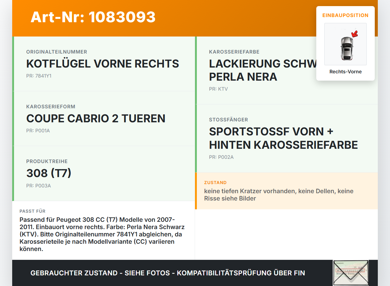 Peugeot 308 CC 07-11 Kotflügel Rechts Vorne KTV Peugeot 308 CC 07-11 26.01.2011 7841Y1 gebraucht Vorschau 3