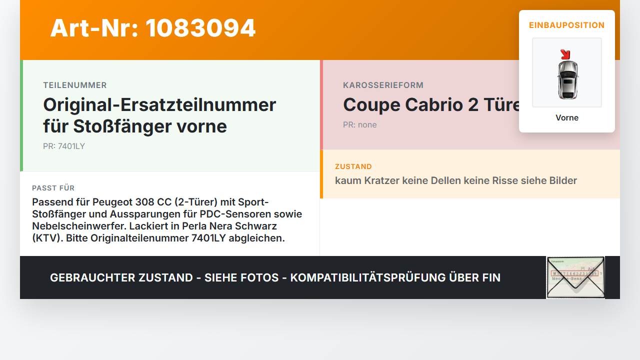 Peugeot 308 CC 07-11 Stoßstange Stoßfänger Frontschürze Vorne KTV Peugeot 308 CC 07-11 26.01.2011 7401LY gebraucht Vorschau 3