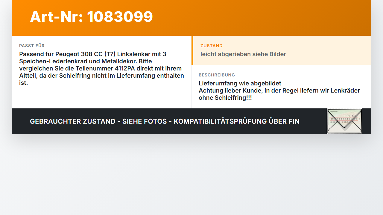Peugeot 308 CC 07-11 Lenkrad Airbaglenkrad Peugeot 308 CC 07-11 26.01.2011 4112PA 96871144ZD 96855851ZD03 gebraucht Vorschau 3