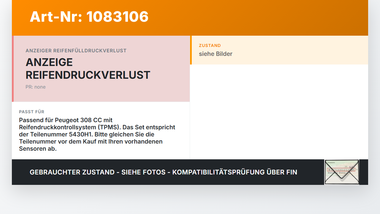 Peugeot 308 CC 07-11 Reifendruck Sensor Radsensor Reifendrucksensor Set Satz Peugeot 308 CC 07-11 26.01.2011 5430H1... Vorschau 3