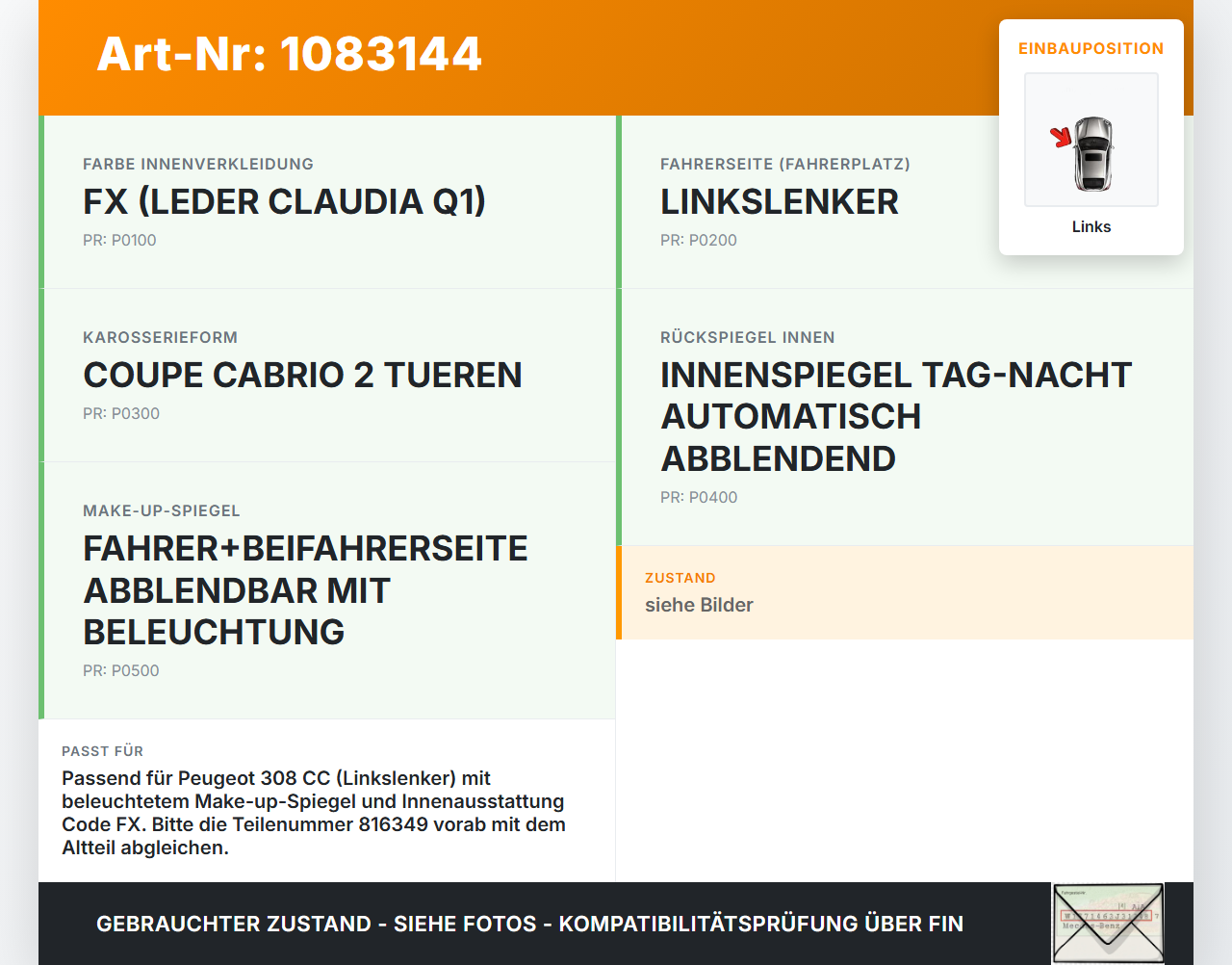 Peugeot 308 CC 07-11 Sonnenblende Links für Fahrer Peugeot 308 CC 07-11 26.01.2011 816349 gebraucht Vorschau 3