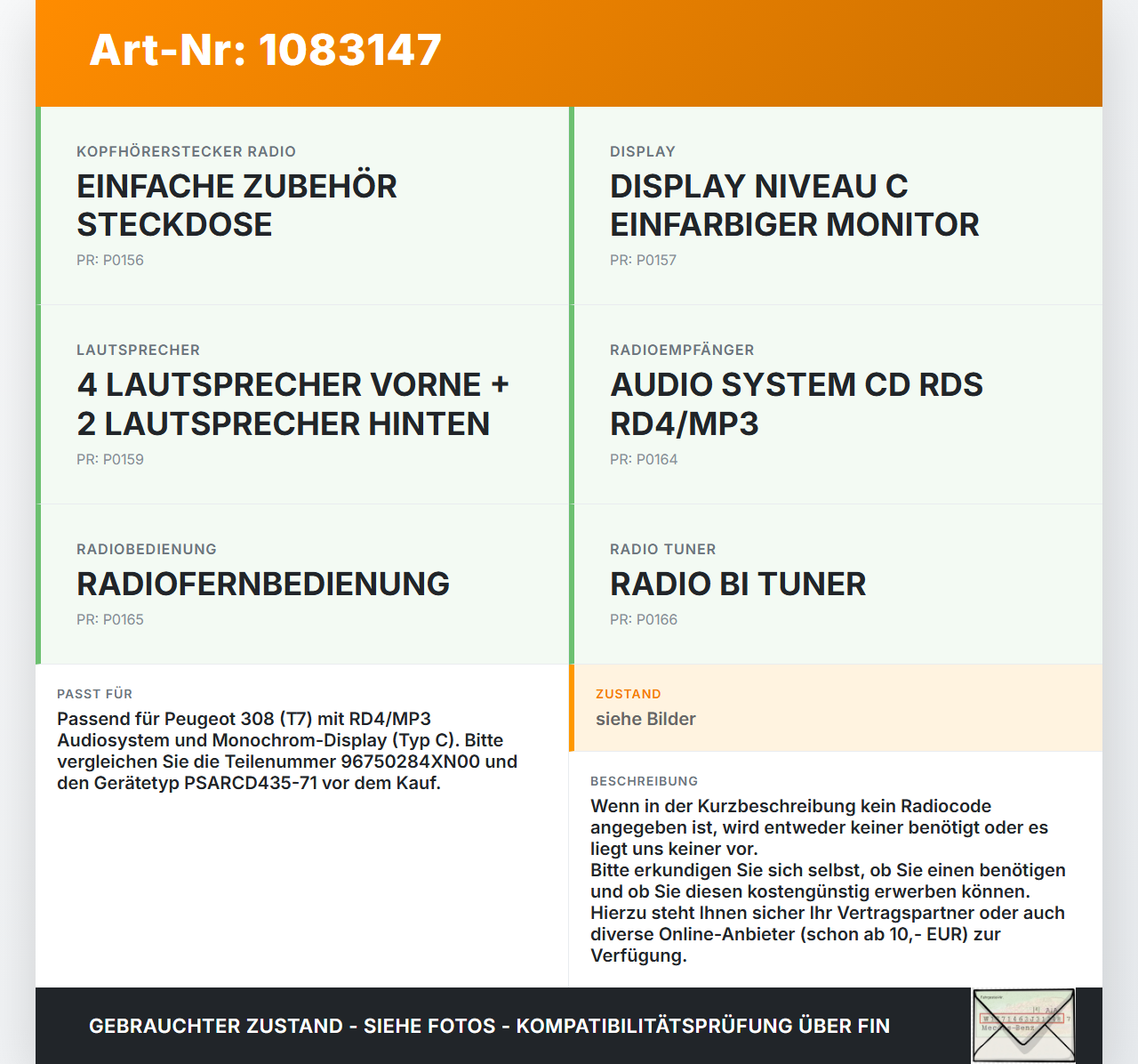 Peugeot 308 CC 07-11 Autoradio CD-Radio Peugeot 308 CC 07-11 26.01.2011 6574QW 96750284XN00 PSARCD435-71 gebraucht Vorschau 3