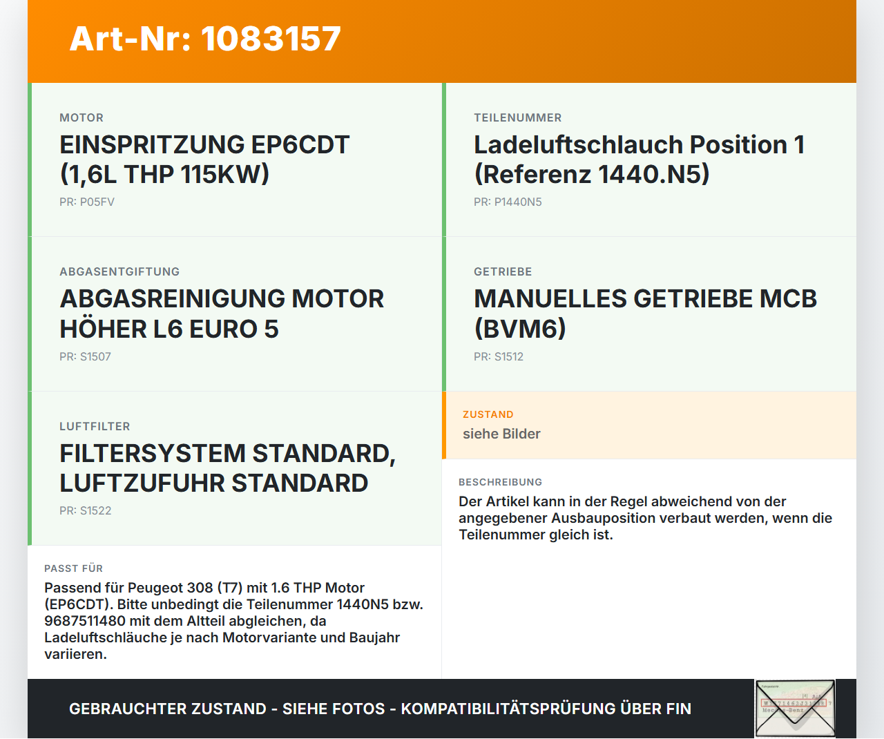 Peugeot 308 CC 07-11 THP 1,6 115KW Ansaugrohr Ladeluftschlauch Luftschlauch Pos.1 Peugeot 308 CC 07-11 26.01.2011... Vorschau 3