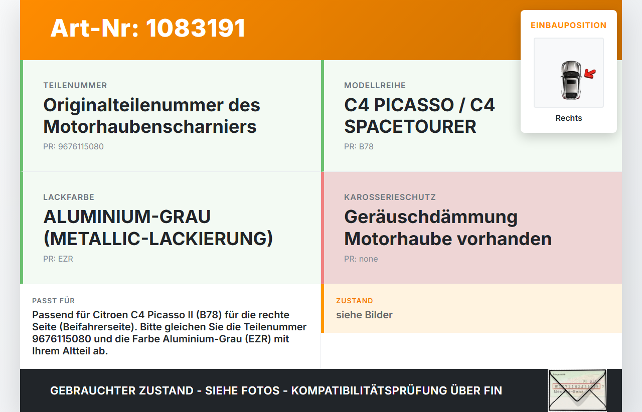 Citroen C4 Picasso II 13-16 Scharnier für Motorhaube Motorhaubenscharnier Rechts Citroen C4 Picasso II 13-16... Vorschau 3