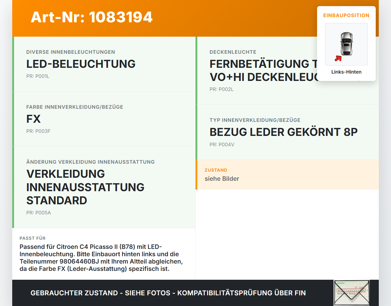 Citroen C4 Picasso II 13-16 Innenleuchte Innenraumleuchte Hinten Links Citroen C4 Picasso II 13-16 24.09.2013... Vorschau 3
