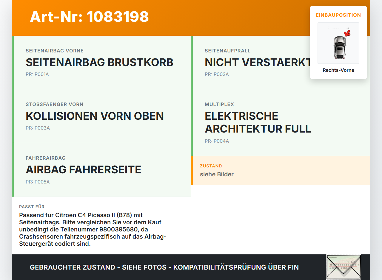 Citroen C4 Picasso II 13-16 Airbagsensor Crashsensor Sensor Rechts Vorne Citroen C4 Picasso II 13-16 24.09.2013... Vorschau 3