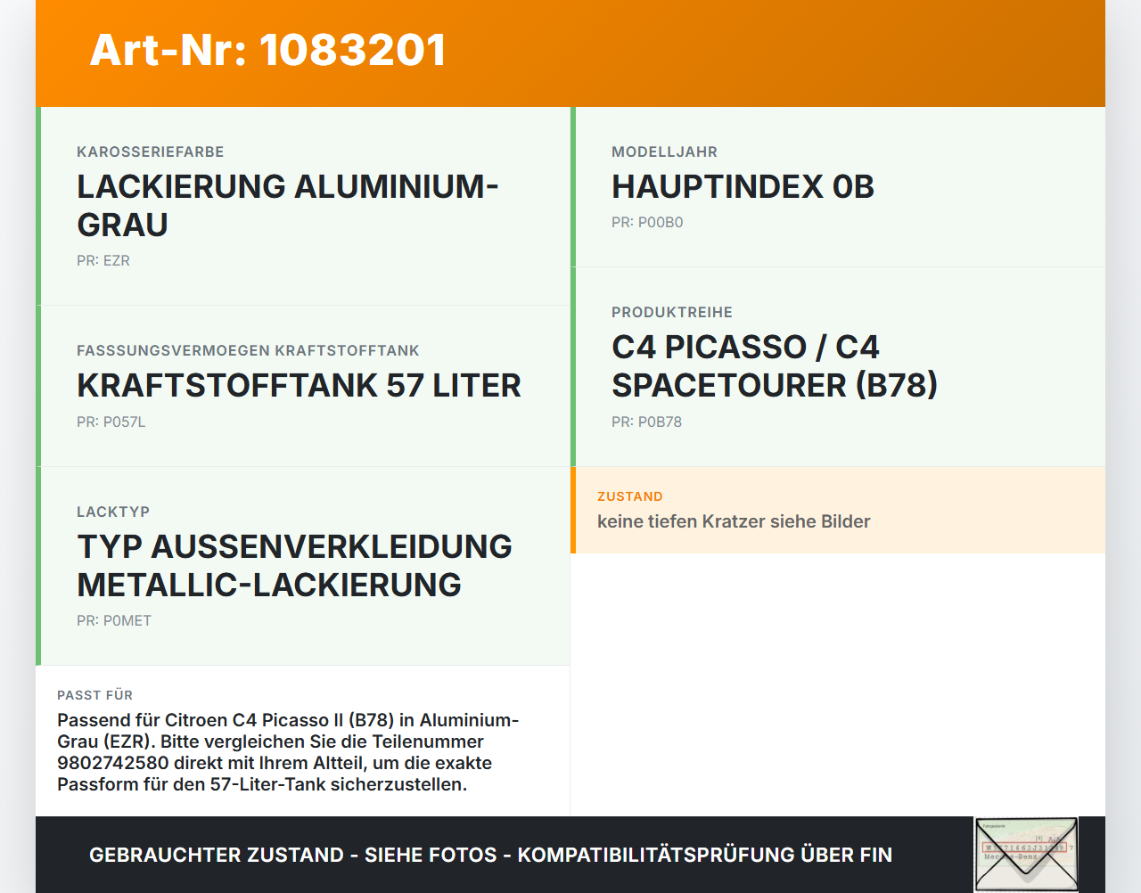 Citroen C4 Picasso II 13-16 Tankdeckel Tankklappe EZR Citroen C4 Picasso II 13-16 24.09.2013 9802742580 gebraucht Vorschau 3