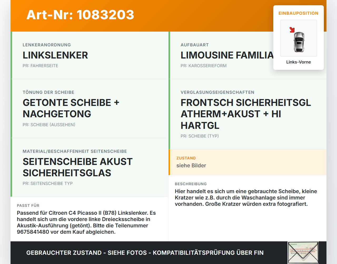 Citroen C4 Picasso II 13-16 Dreieck Seitenscheibe Scheibe Türscheibe Links Vorne Citroen C4 Picasso II 13-16... Vorschau 3