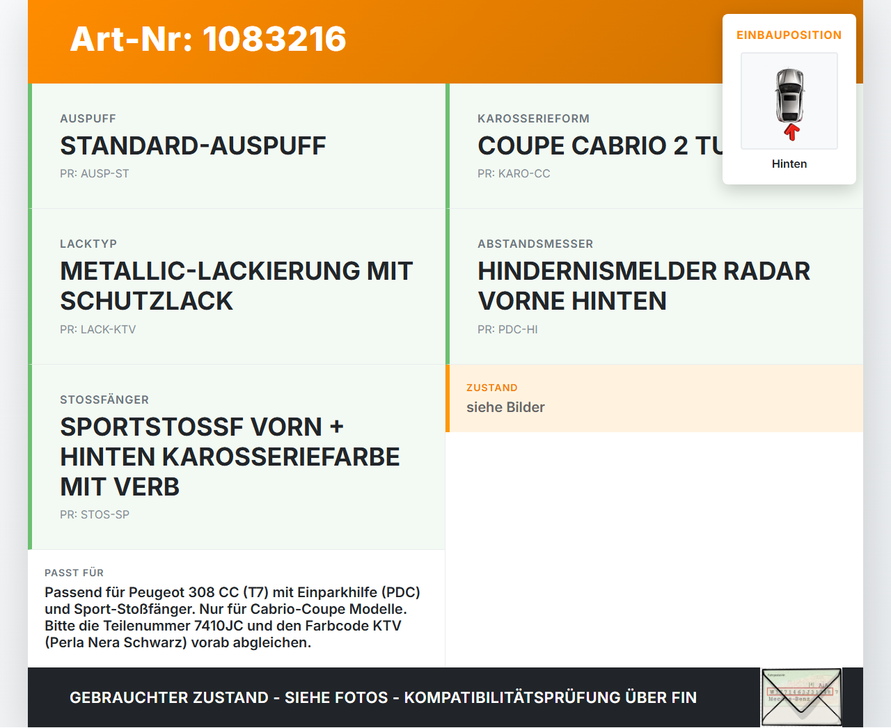 Peugeot 308 CC 07-11 Cabrio Stoßstange Stoßfänger Heckstosstange Hinten KTV Peugeot 308 CC 07-11 26.01.2011 7410JC... Vorschau 3