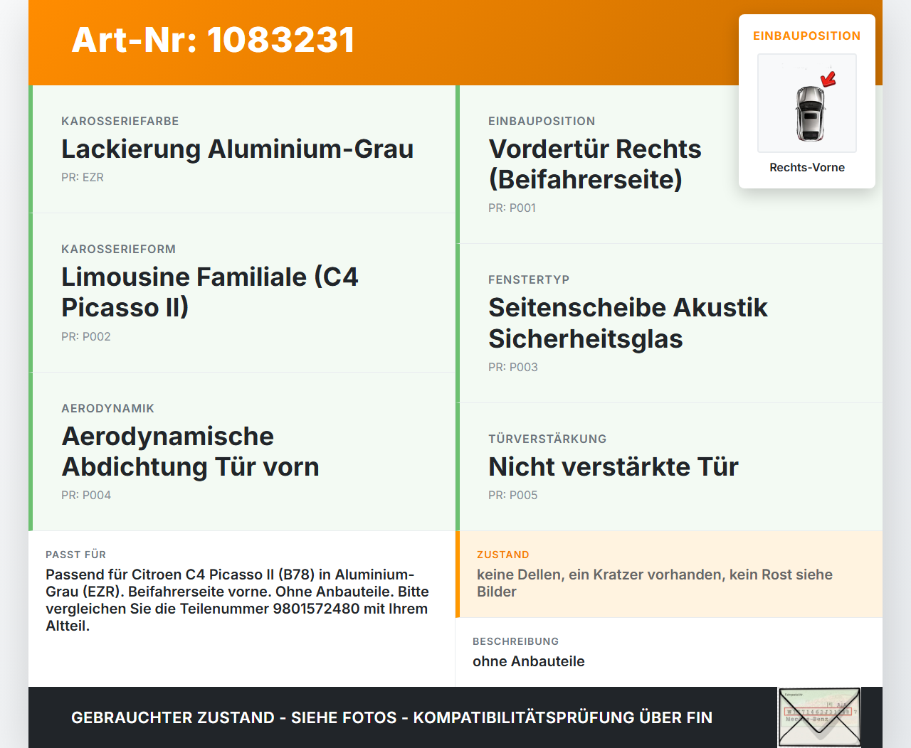 Citroen C4 Picasso II 13-16 Tür Beifahrertür Rechts Vorne EZR Citroen C4 Picasso II 13-16 24.09.2013 9801572480... Vorschau 3