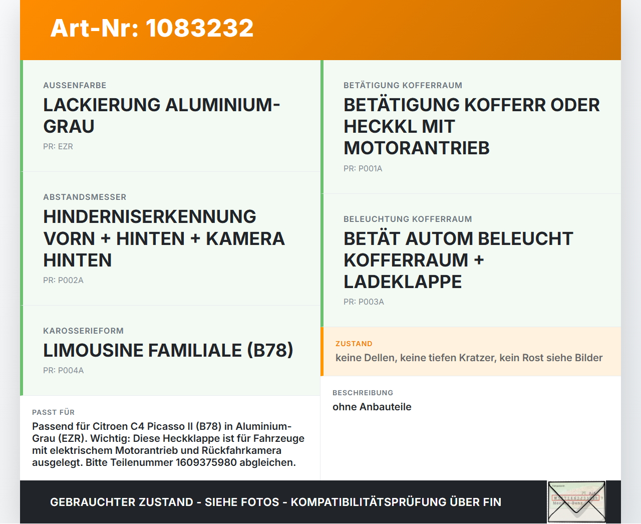 Citroen C4 Picasso II 13-16 Heckklappe Kofferraumdeckel EZR Citroen C4 Picasso II 13-16 24.09.2013 1609375980 gebraucht Vorschau 3