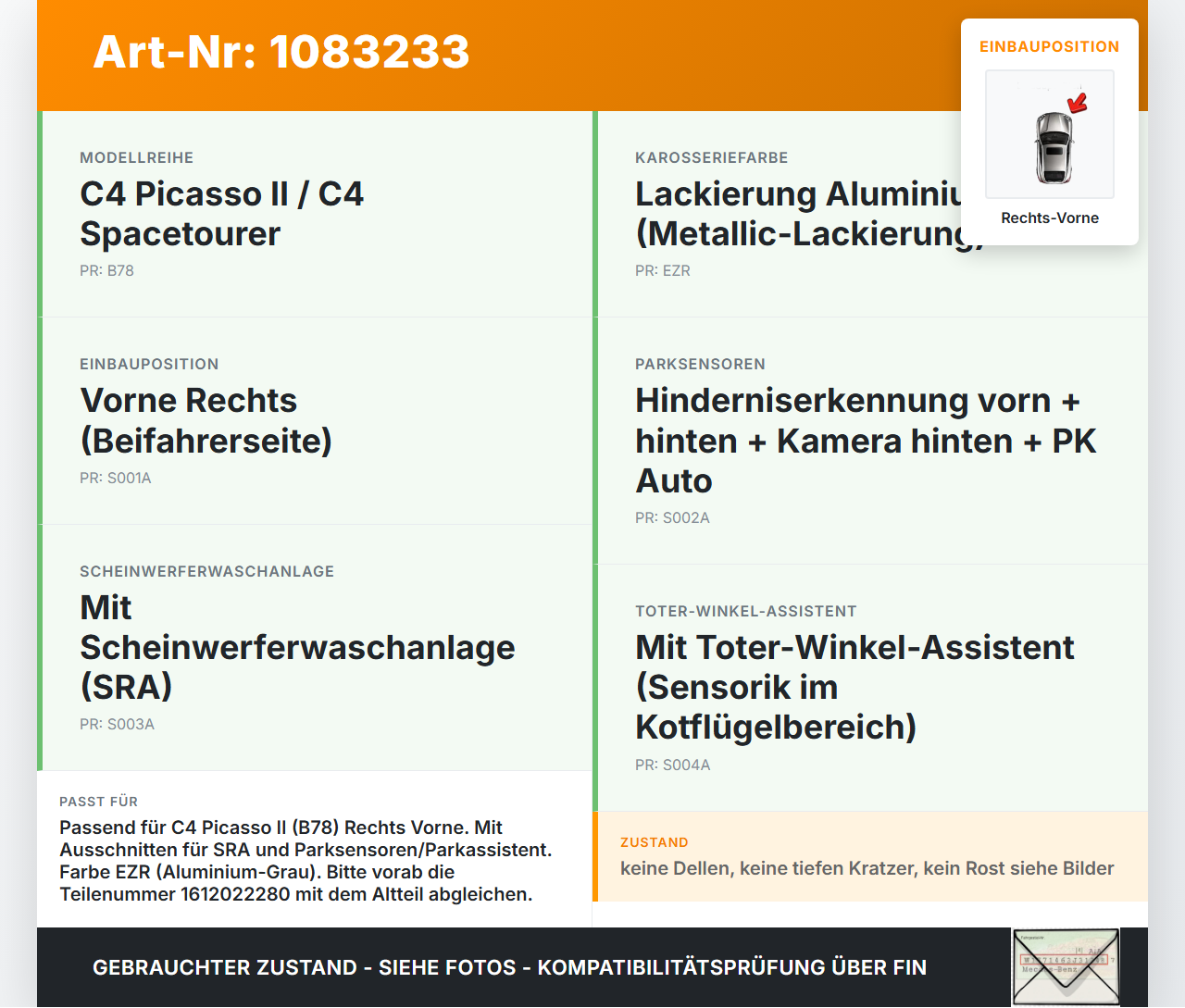 Citroen C4 Picasso II 13-16 Kotflügel Rechts Vorne EZR Citroen C4 Picasso II 13-16 24.09.2013 1612022280 gebraucht Vorschau 3