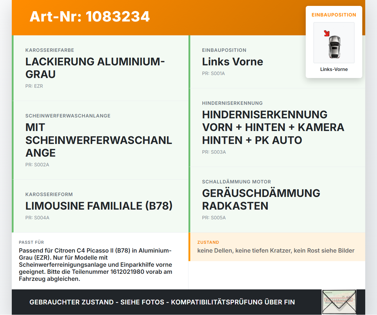 Citroen C4 Picasso II 13-16 Kotflügel Links Vorne EZR Citroen C4 Picasso II 13-16 24.09.2013 1612021980 gebraucht Vorschau 3