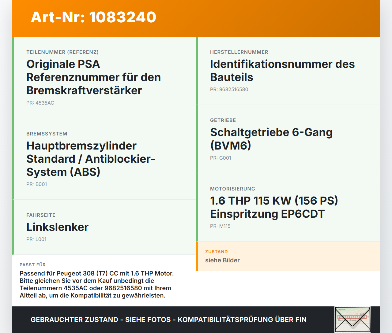 Peugeot 308 CC 07-11 THP 1,6 115KW Bremskraftverstärker Peugeot 308 CC 07-11 26.01.2011 4535AC 9682516580... Vorschau 3
