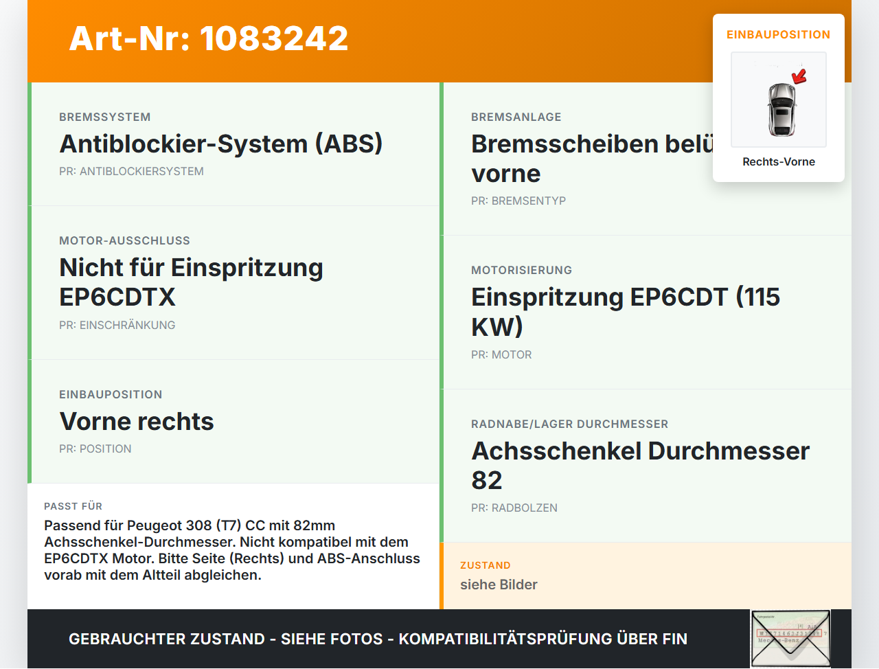 Peugeot 308 CC 07-11 THP 1,6 115KW Achsschenkel Radnabe mit ABS Rechts Vorne Peugeot 308 CC 07-11 26.01.2011 364796... Vorschau 3