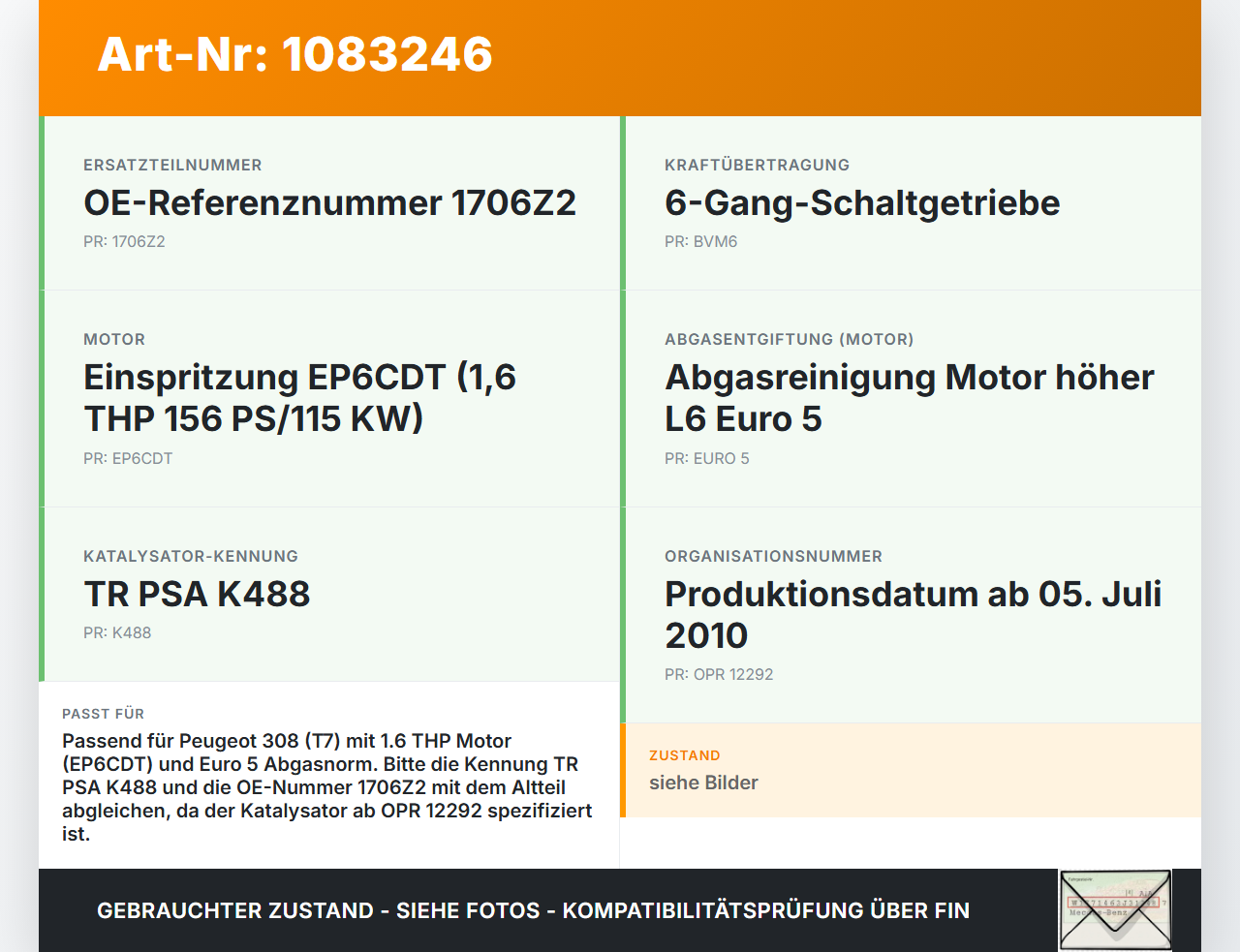 Peugeot 308 CC 07-11 THP 1,6 115KW Katalysator Kat Peugeot 308 CC 07-11 26.01.2011 1706Z2 gebraucht Vorschau 3
