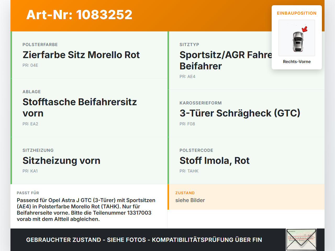 Opel Astra J GTC 11-18 3T Sitzbezug Rückenpolster Rechts Vorne für Beifahrer Sitz Opel Astra J GTC 11-18 16.11.2011... Vorschau 3