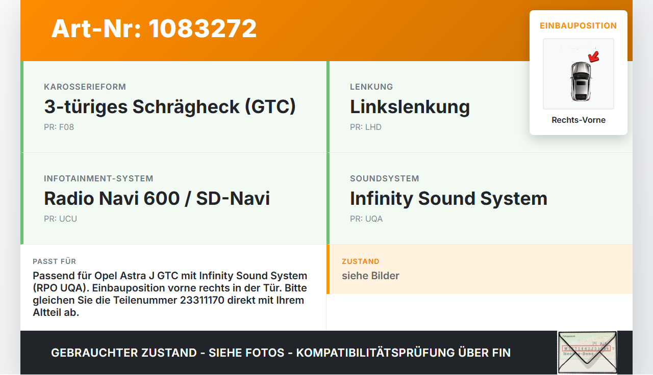 Opel Astra J GTC 11-18 Lautsprecher Rechts Vorne Opel Astra J GTC 11-18 16.11.2011 23311170 13240968 41000302... Vorschau 3