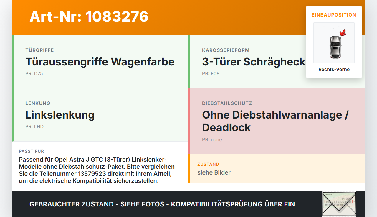 Opel Astra J GTC 11-18 3T Türschloss m. ZV Stellmotor Rechts Vorne Opel Astra J GTC 11-18 16.11.2011 13579523 gebraucht Vorschau 3