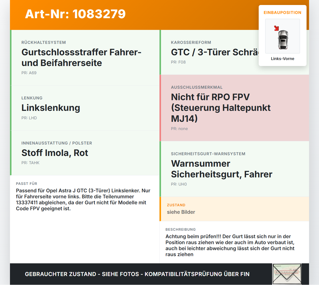 Opel Astra J GTC 11-18 3T Gurt Sicherheitsgurt m. Gurtstraffer für Fahrer Links Vorne Opel Astra J GTC 11-18... Vorschau 3
