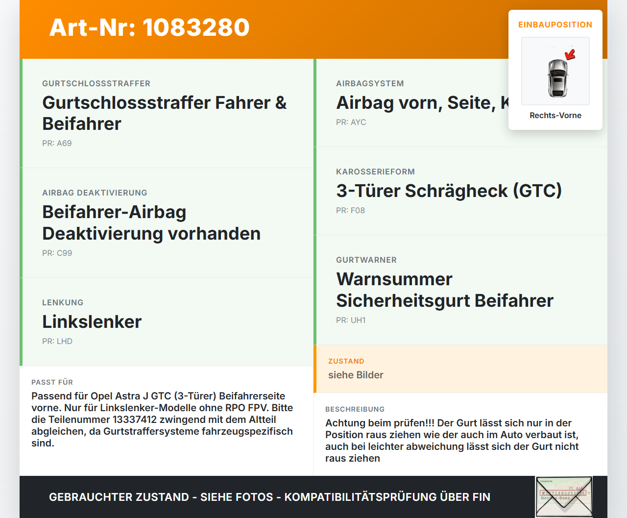 Opel Astra J GTC 11-18 3T Gurt Sicherheitsgurt Gurtstraffer für Beifahrer Rechts Vorne Opel Astra J GTC 11-18... Vorschau 3