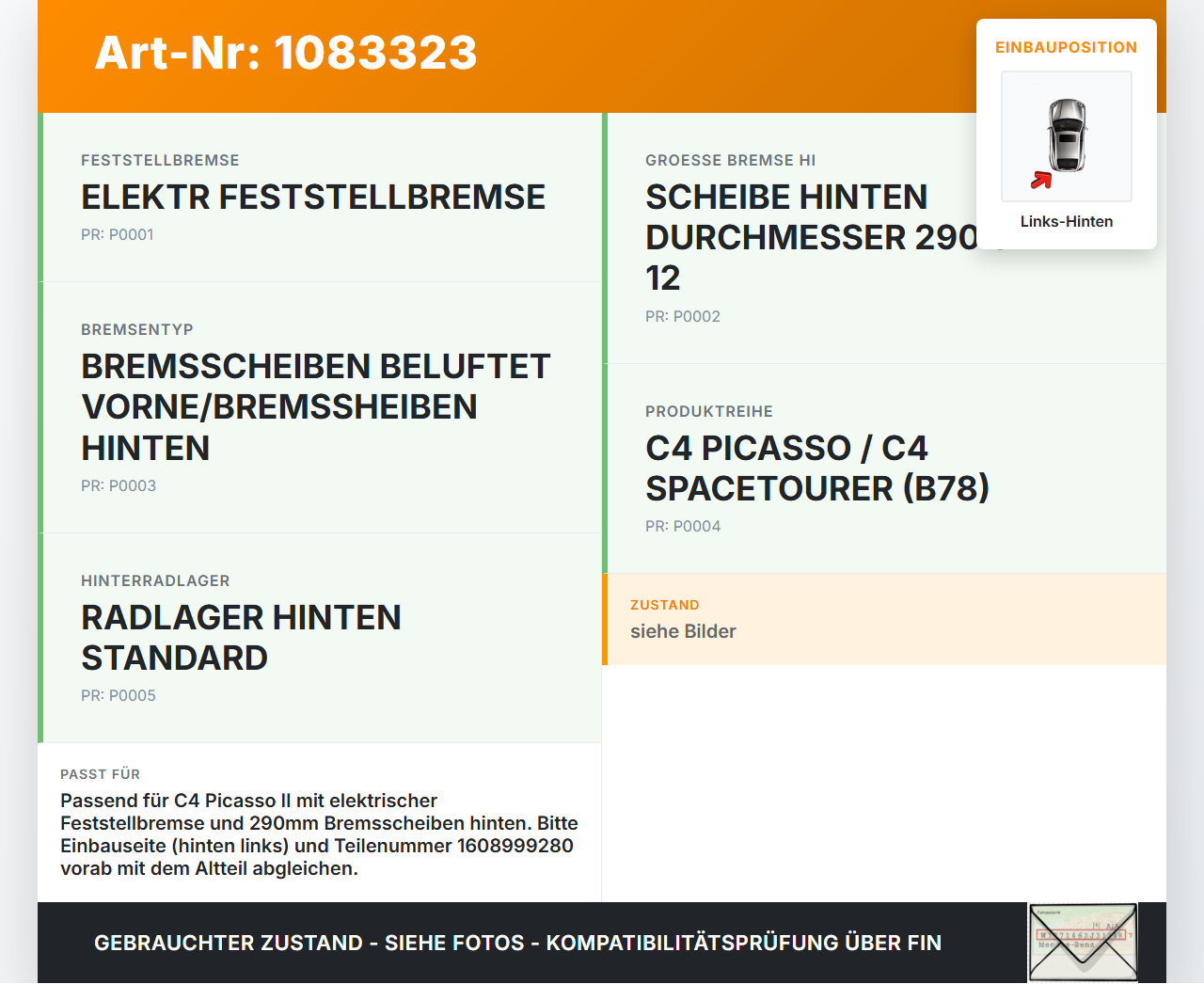 Citroen C4 Picasso II 13-16 THP 1,6 115KW Stellmotor Parkbremse für Bremssattel Hinten Links Citroen C4 Picasso II... Vorschau 3