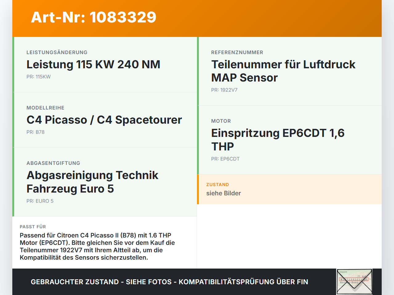 Citroen C4 Picasso II 13-16 THP 1,6 115KW Luftdruck MAP Sensor Citroen C4 Picasso II 13-16 24.09.2013 1922V7... Vorschau 3