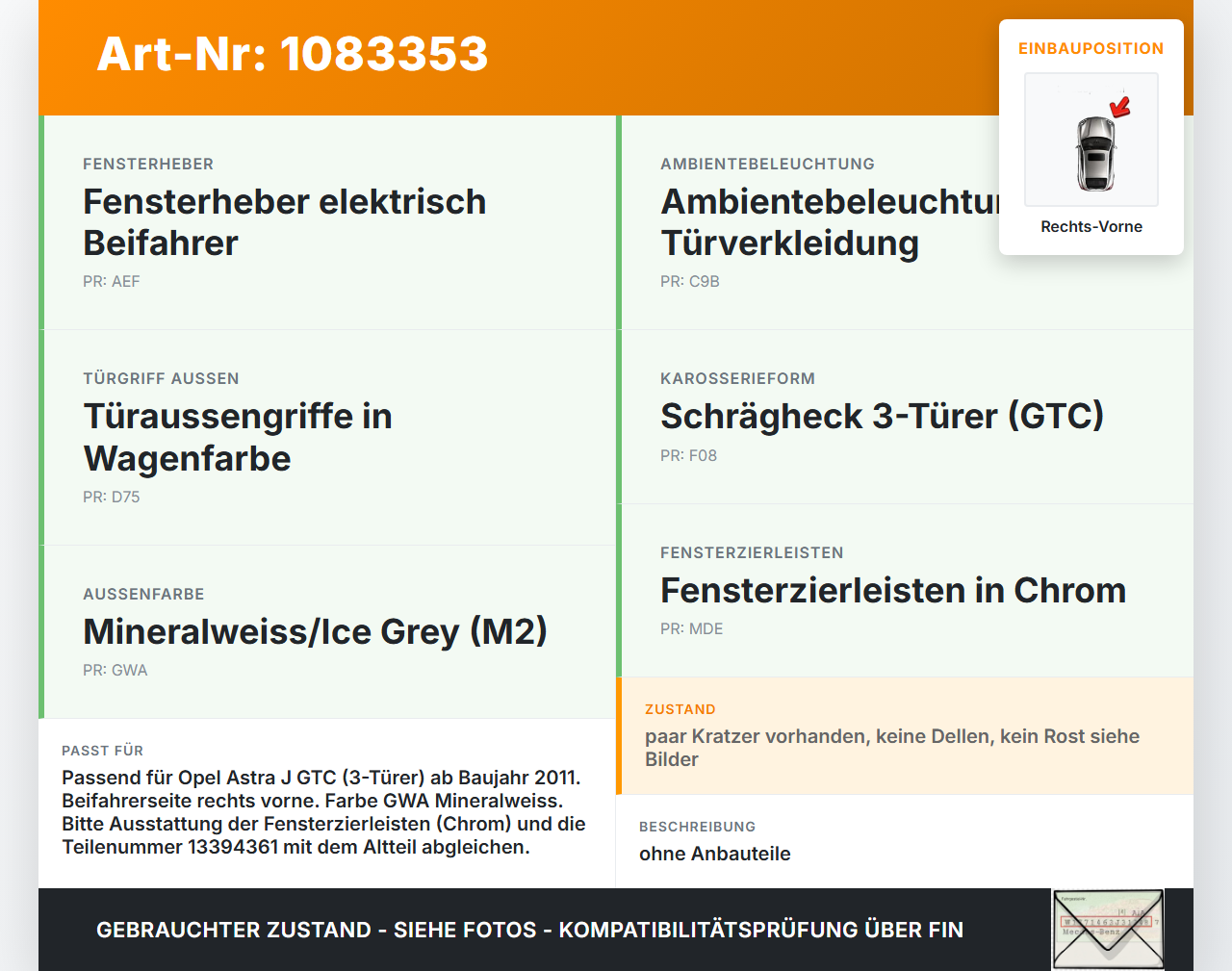 Opel Astra J GTC 11-18 3T Tür Beifahrertür Rechts Vorne GWA Opel Astra J GTC 11-18 16.11.2011 13394361 gebraucht Vorschau 3