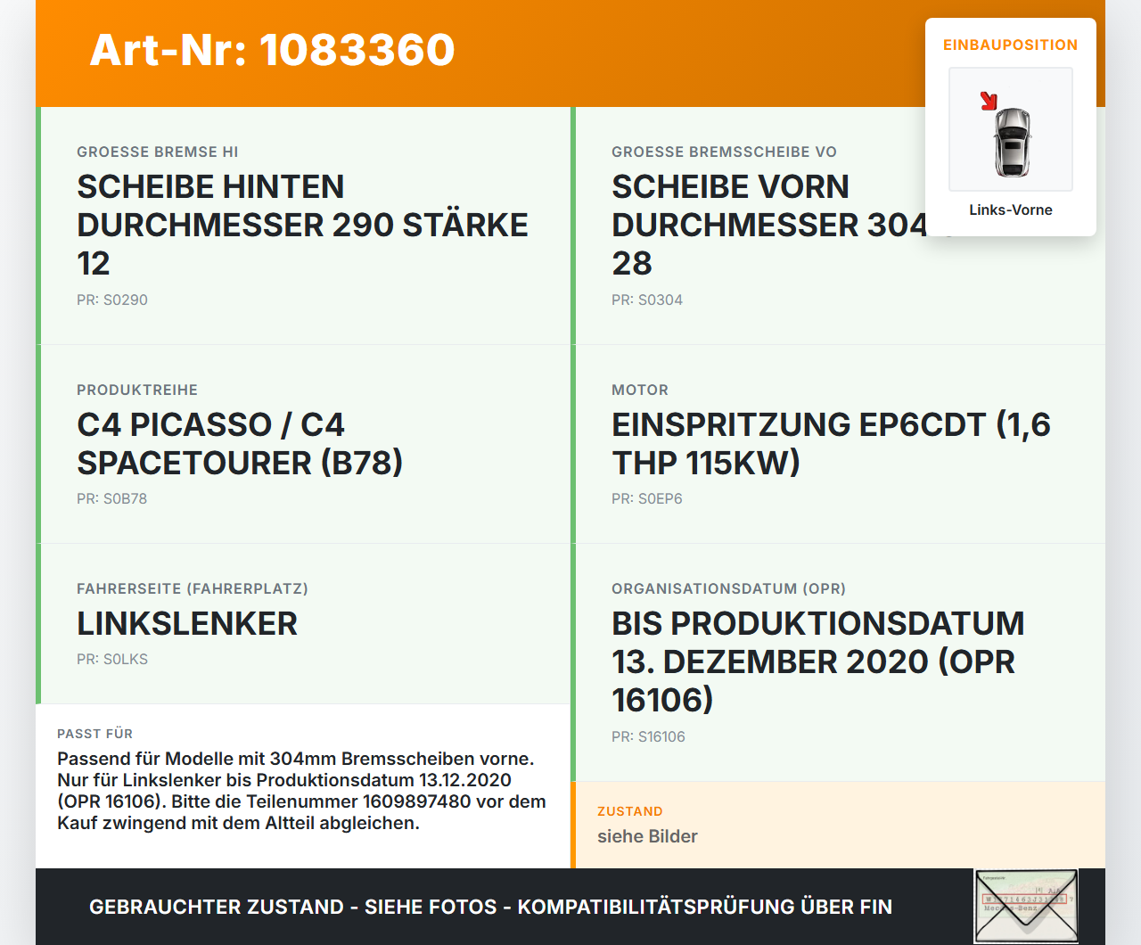 Citroen C4 Picasso II 13-16 THP 1,6 115KW Bremssattel Bremszange Vorne Links Citroen C4 Picasso II 13-16 24.09.2013... Vorschau 3