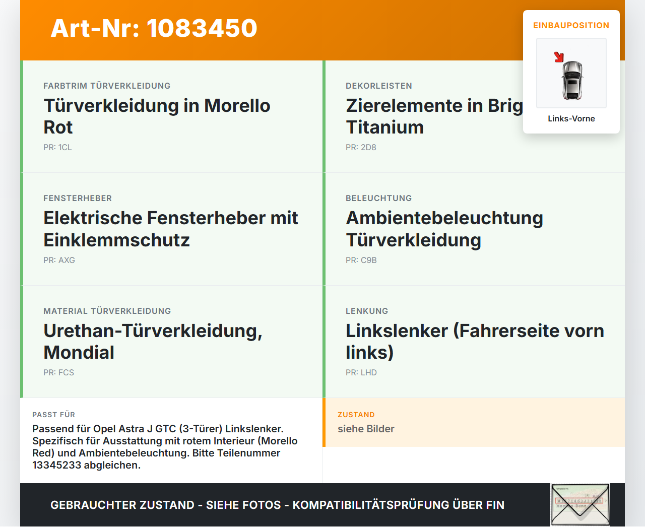 Opel Astra J GTC 11-18 3T Türverkleidung Türpappe Links Vorne Opel Astra J GTC 11-18 16.11.2011 13345233 gebraucht Vorschau 3