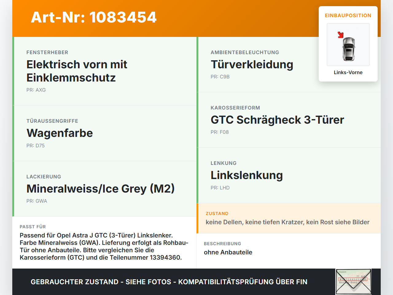 Opel Astra J GTC 11-18 3T Tür Fahrertür Links Vorne GWA Opel Astra J GTC 11-18 16.11.2011 13394360 gebraucht Vorschau 3