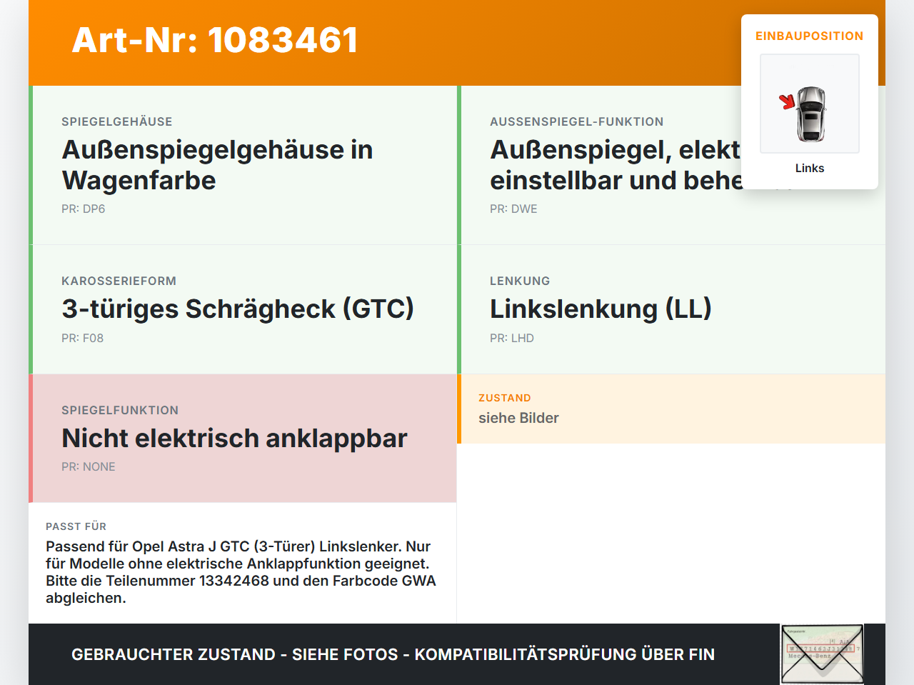 Opel Astra J GTC 11-18 Spiegel Aussenspiegel Links GWA Opel Astra J GTC 11-18 16.11.2011 13342468 gebraucht Vorschau 3