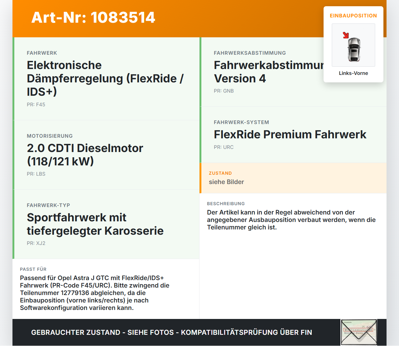 Opel Astra J GTC 11-18 Sensor IDS+ Luftfahrwerk Links Vorne Opel Astra J GTC 11-18 16.11.2011 12779136 12779137... Vorschau 3