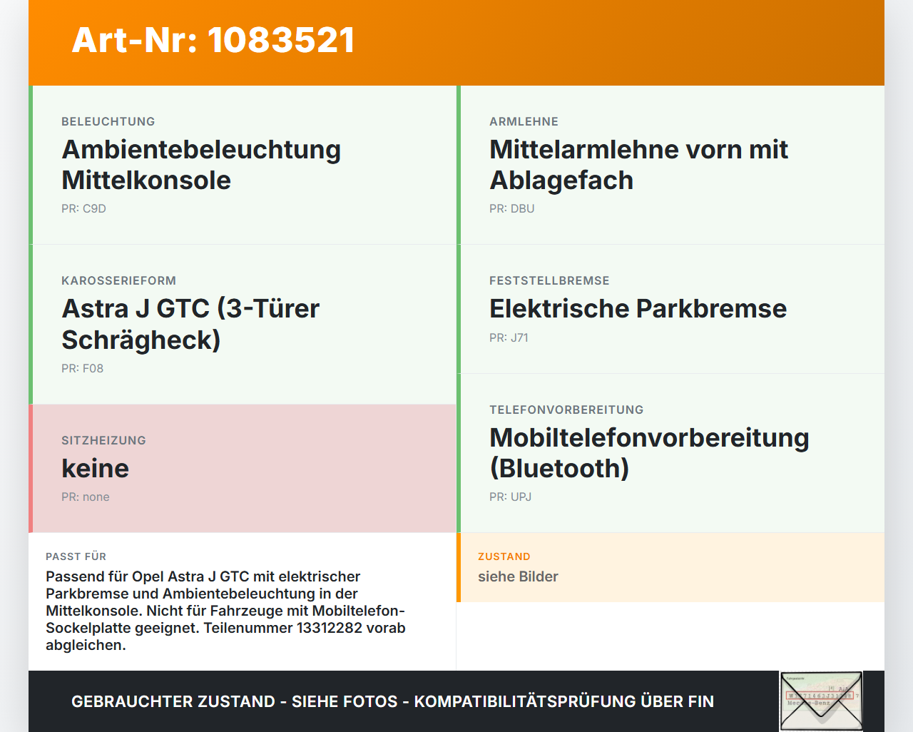 Opel Astra J GTC 11-18 Kabelbaum Innen für Mittelkonsole Opel Astra J GTC 11-18 16.11.2011 13312282 gebraucht Vorschau 3