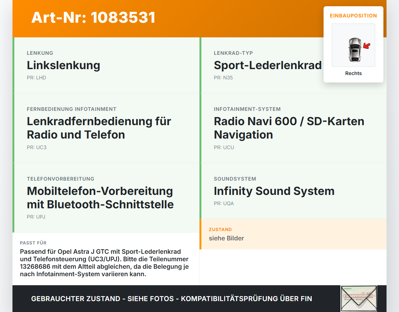 Opel Astra J GTC 11-18 Lenkradschalter Multifunktionstasten Lenkrad Schalter Control Rechts Opel Astra J GTC 11-18... Vorschau 3