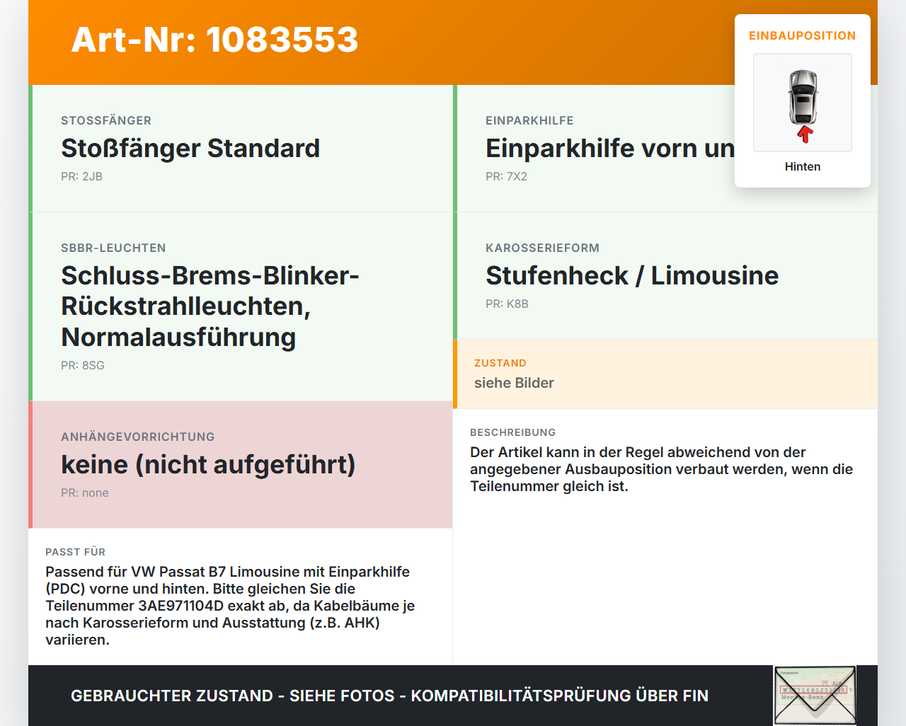 VW Passat 3C B7 10-14 PDC Kabelbaum Hinten VW Passat 3C B7 10-14 22.02.2014 3AE971104D VW6C011125 gebraucht Vorschau 3