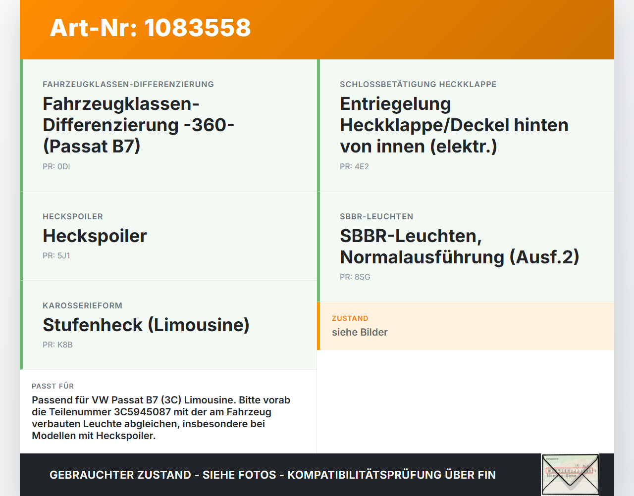VW Passat 3C B7 10-14 Lim Bremslicht 3. Bremsleuchte Klappe VW Passat 3C B7 10-14 22.02.2014 3C5945087 03.363.00... Vorschau 3